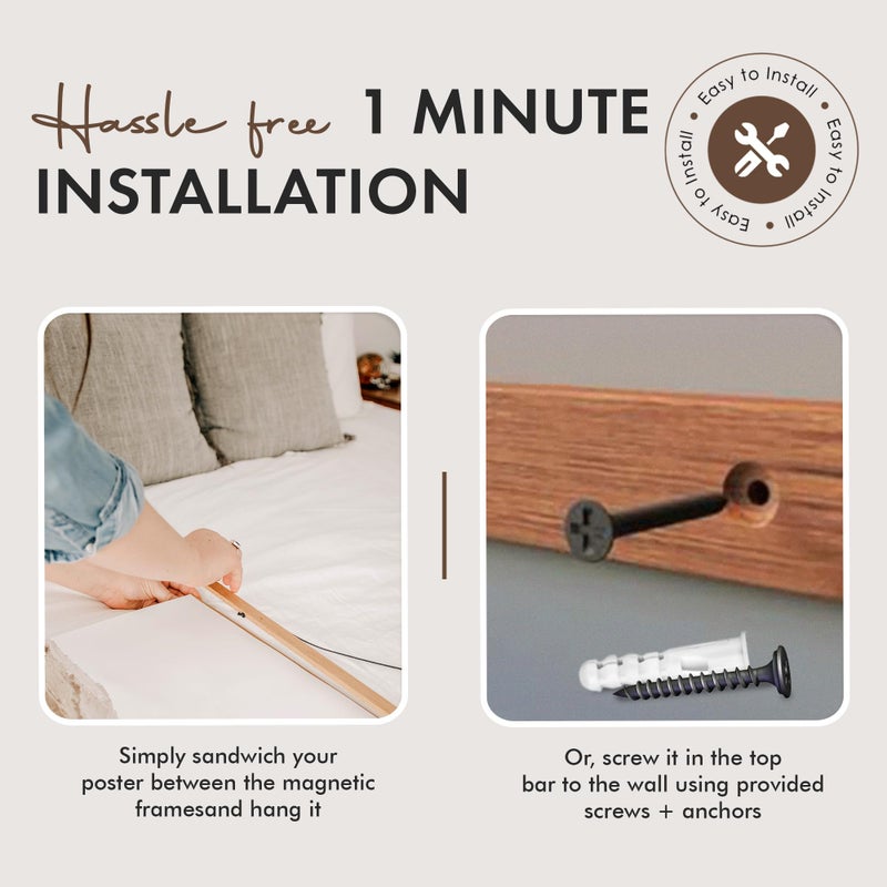 Travelization Magnetic Poster Hanger 40â€ Poster Frame with Strong Magnets, Complete Hanging Kit for Posters, Art, Maps, and More, Fits 40x30, 40x36, 40x40, 40x48, and 40x60, Teak Wood - Image 5